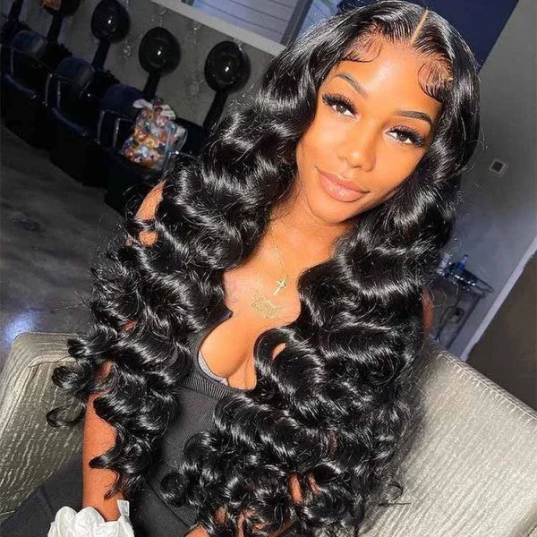 Lace wig with a wavy texture for a beachy lookBrazilian Virgin Loose Wave Human Hair Pre plucked Lace Front Wigs Natural Black