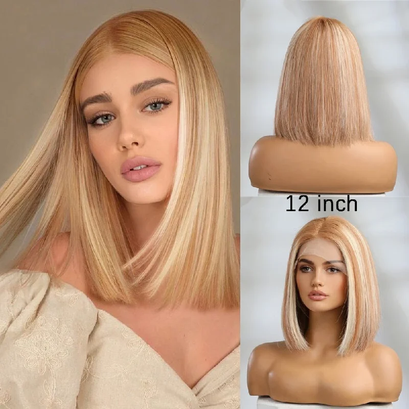 Human - hair wig with a natural - looking root for a more realistic lookLight Ash Blonde Remy Human Hair Bob Lace Front Wig