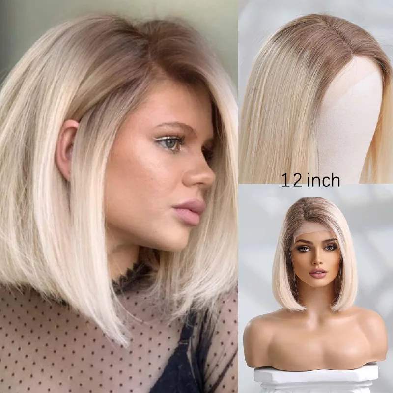 Human - hair wig with a wispy fringe for a soft and feminine lookLight Blonde Remy Human Hair Bob Lace Front Wig