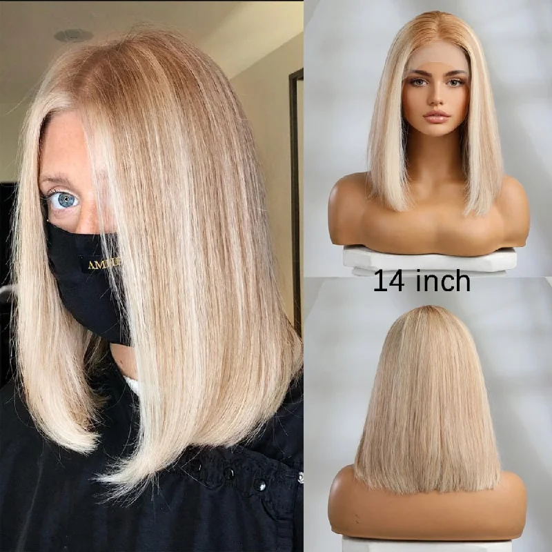 Human - hair wig with a curly texture for a bold and stylish choiceRemy Human Hair Highlight Blonde Bob Lace Front Wig