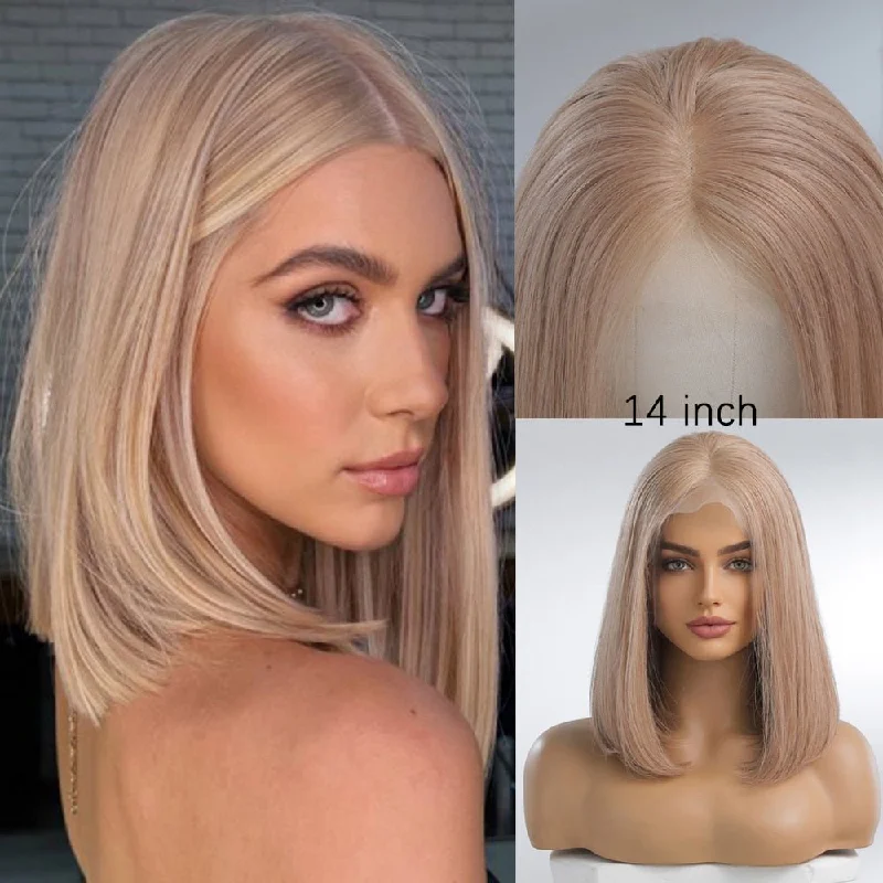 Human - hair wig with a honey - blonde color for a warm and sunny lookAsh Blonde Highlight Remy Human Hair Bob Lace Front Wig