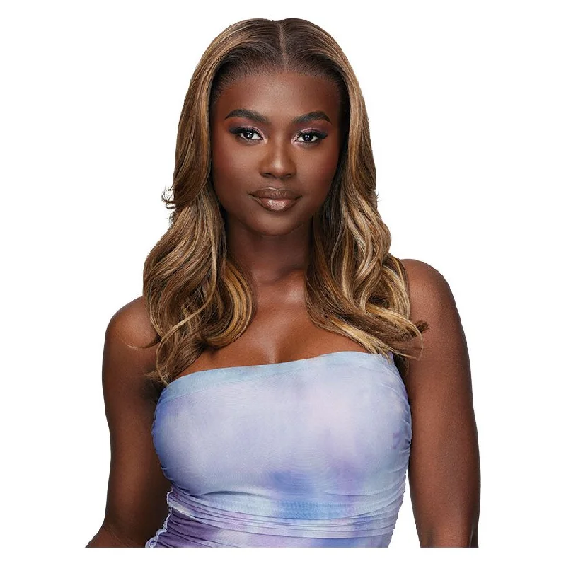 Lace wig in a chocolate - brown color for a rich and warm appearanceOutre Airtied Human Hair Blend Glueless Vanish HD+ Lace Frontal Wig - HHB-Loose Body Wave 18"