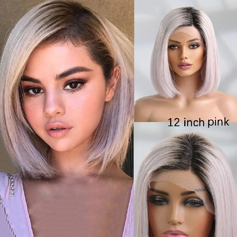 Human - hair wig with a side - swept bang for a sophisticated lookOmbre Platinum Blonde Remy Human Hair Bob Lace Front Wig