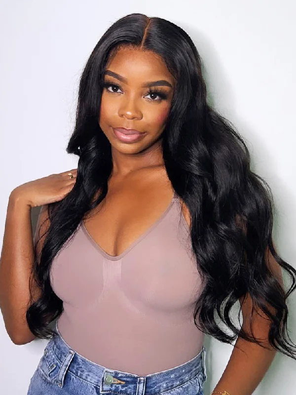 Synthetic lace wig with a heat - resistant formulaCurlyMe Pre-bleached Body Wave Hair Wear Go Glueless Wig 7x5 Pre-cut HD Lace Pre-plucked