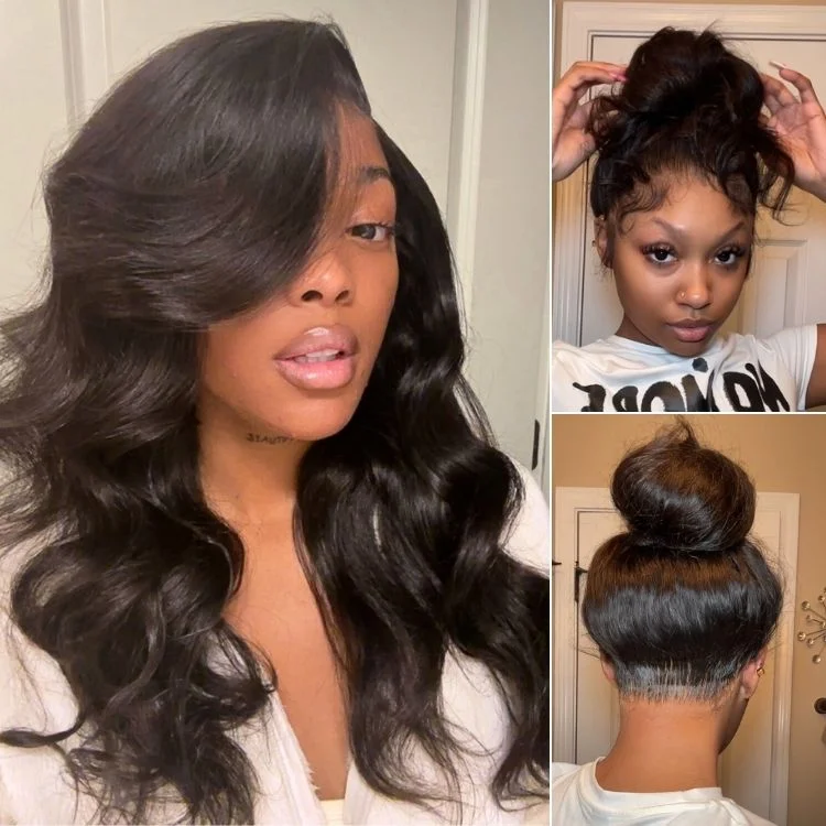 Human - hair wig with a wispy fringe for a soft and feminine lookPreMax Wigs | Ultra Natural Full Lace Loose Body Wave Wig Pre-cut & Plucked & Bleached for Effortless Styling