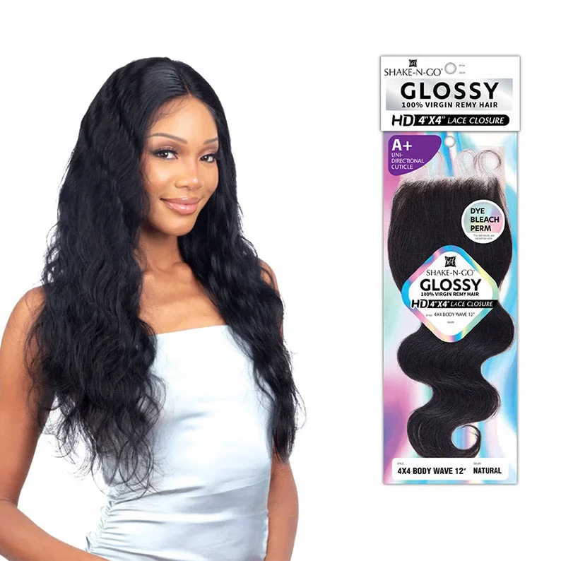 Lace wig with a 13x4 lace frontal for a wide - parting areaSHAKE N GO Glossy 4X4 Body Wave Lace Closrue 12"