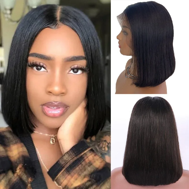 Human - hair wig with a pre - bleached knot for a natural - looking scalpShot Bob Brazilian Human Hair Lace Frontal Black Wig