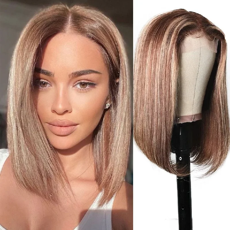 Human - hair wig in a jet - black color for a classic and timeless lookBob Highlight Brazilian Human Hair Lace Frontal Wig