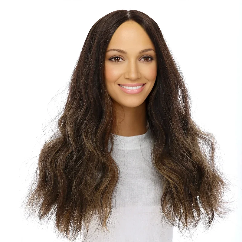 Human - hair long - length wig for a natural and luxurious feel22" Princess Silk Top Wig Dark Brown Balayage Wavy