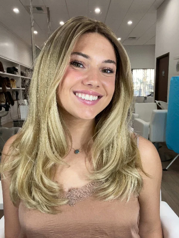 Long - length wig with a side - part for a more flattering look22" Reese Silk Top Wig Ash Blonde Wavy w/ Rooting Color Service