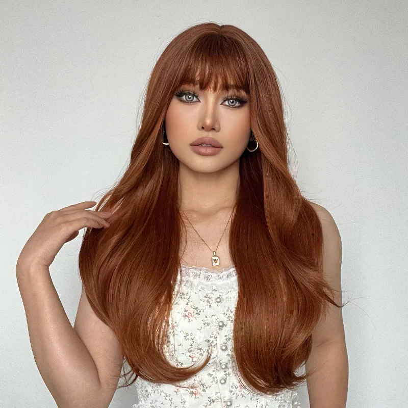 Long - length wig with a curly fringe for a playful and youthful vibe22 Inches Copper Red Soft Tousled Curls Synthetic Wigs-Scarlett