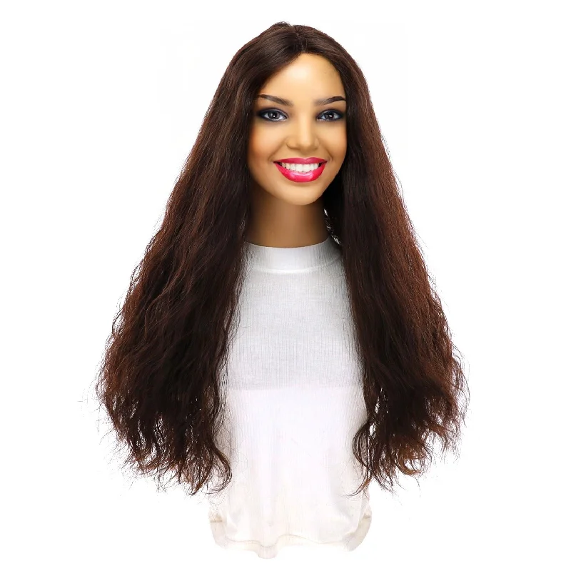 Long - length wig with a honey - blonde color for a warm and sunny appearance24" Divine Lace Top Topper Dark Brown Wavy