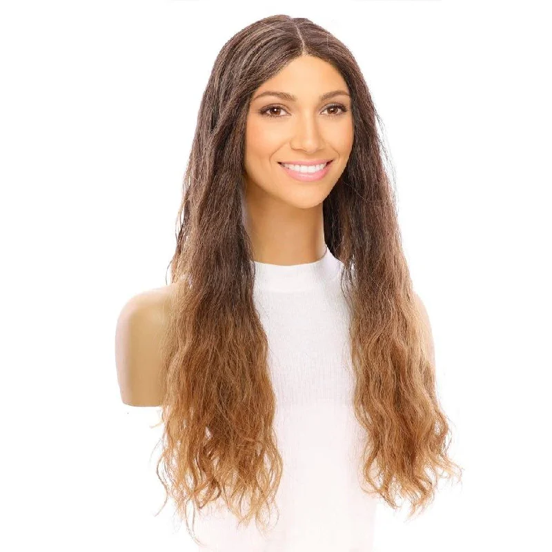 Long - length wig with a side - swept bang for a sophisticated look24" Divine Lace Top Wig Medium Brown Ombre Wavy