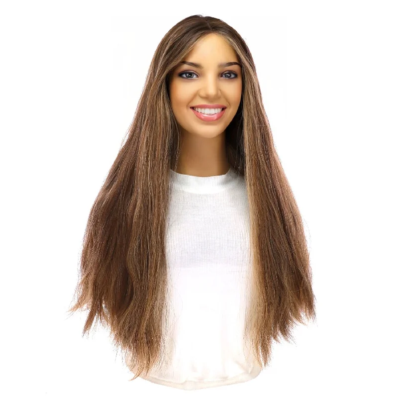 Long - length wig with a platinum - blonde color for a bold and trendy look24" Divine Lace Top Wig Medium Brown w/ Highlights Slightly Wavy