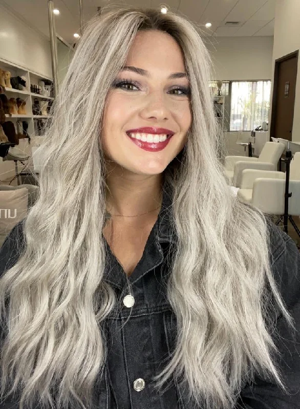 Long - length wig with a side - swept bang for a sophisticated look24" Divine Lace Top Wig Silver Smoke w/ Reverse Balayage