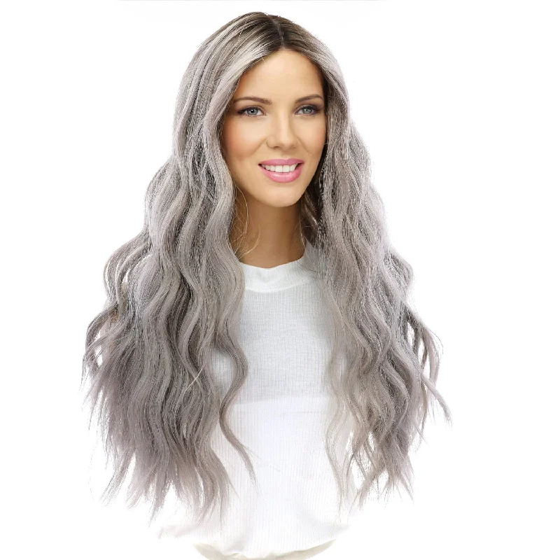 Long - length wig with a curly fringe for a playful and youthful vibe24" Divine Lace Top Wig Silver Smoke w/ Reverse Balayage