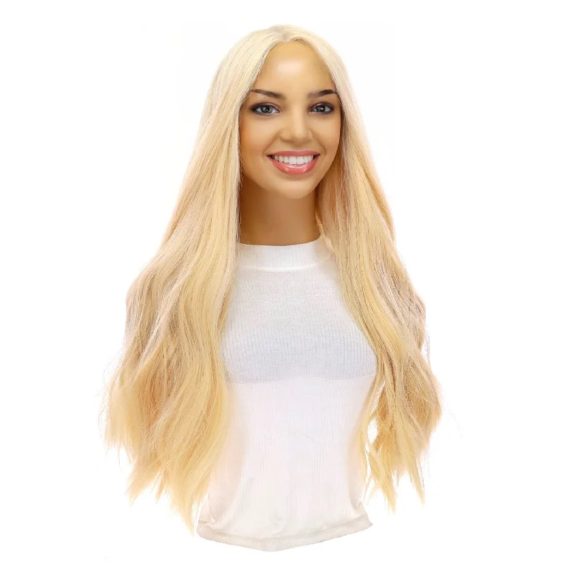 Long - length wig with a curly fringe for a playful and youthful vibe24" Divine Lace Top Wig Warm Platinum Blonde w/ No Rooting