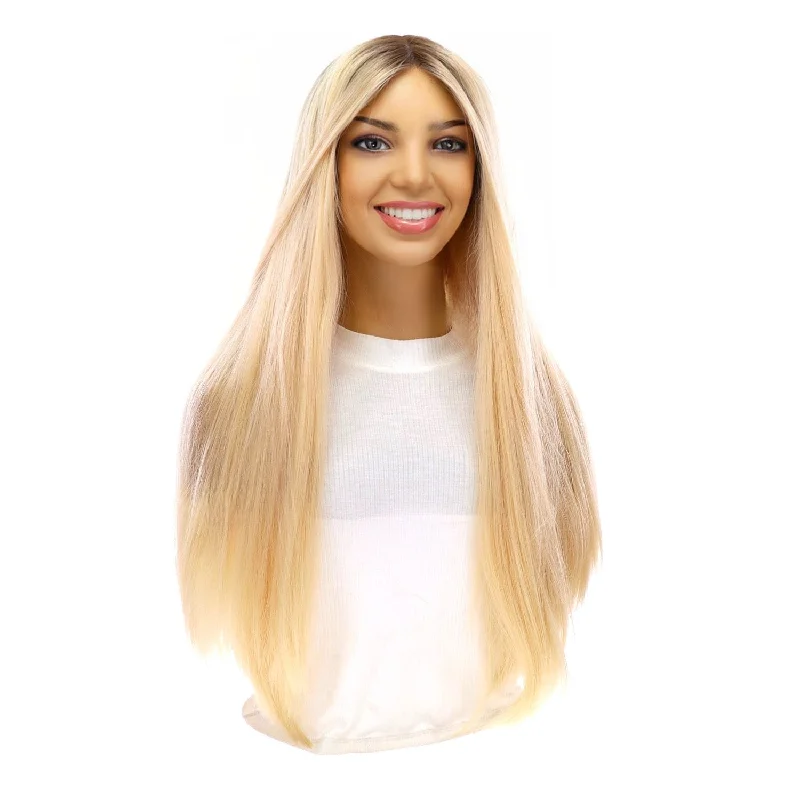 Long - length wig in a jet - black color for a classic appearance24" Divine Lace Top Wig Warm Platinum Blonde