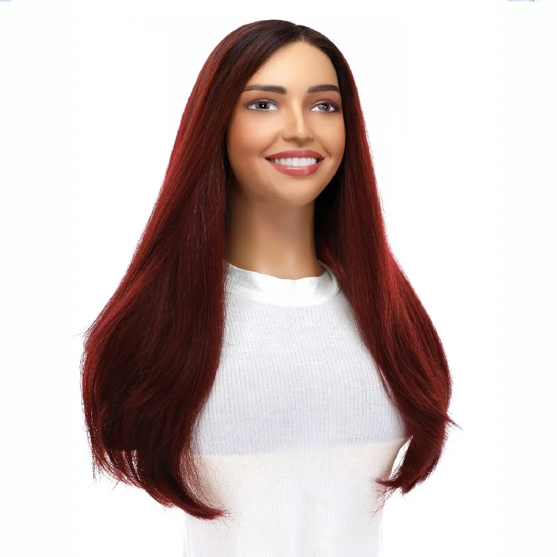 Long - length wig with a middle - part for a classic and elegant style24" Gisele Silk Top Wig Merlot Red