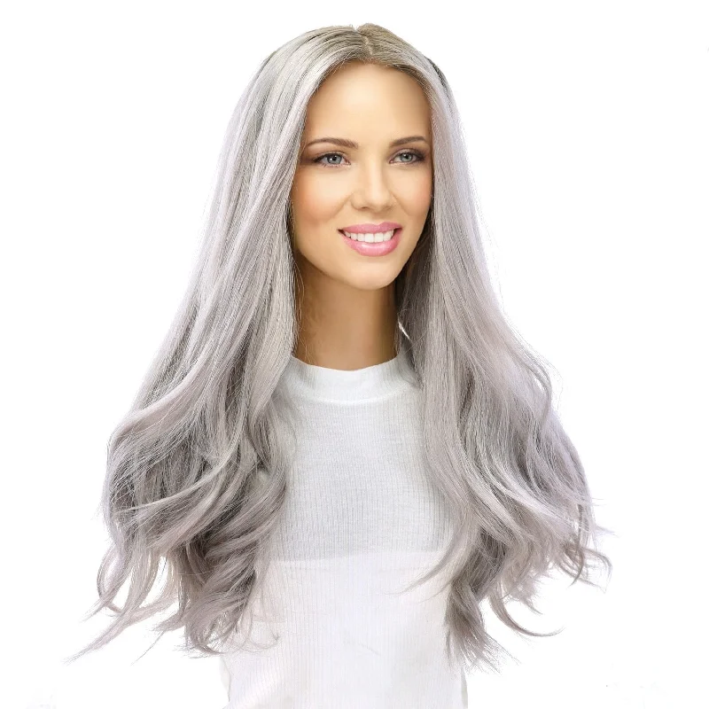 Long - length wig with a platinum - blonde color for a bold and trendy look24" Gisele Silk Top Wig Silver Smoke