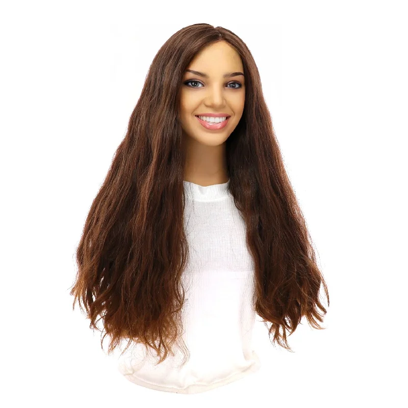 Long - length wig with a honey - blonde color for a warm and sunny appearance24" Luxe Silk Top Wig #8 Warm Medium Brown Wavy