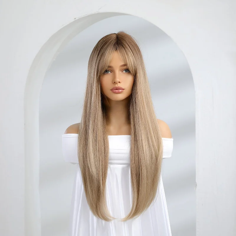 Long - length wig with a curly texture for a bold and stylish choice28 Inches Straight Hair With Bangs Synthetic Wig - Genevieve