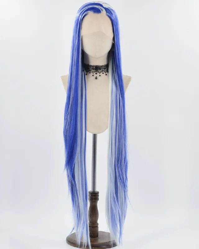 Long - length wig with a honey - blonde color for a warm and sunny appearance40Inch Long Blue White Synthetic Lace Front Wig WW749