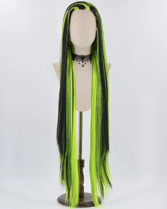 Long - length wig with a wispy fringe for a soft and feminine look40Inch Long Neon Green Black Synthetic Lace Front Wig WW748