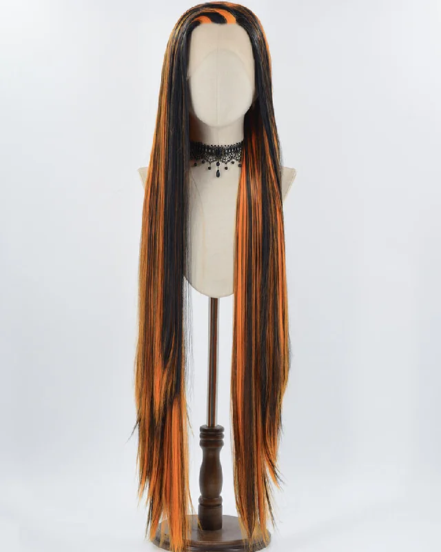 Long - length wig with a silk - base cap for a comfortable and smooth feel40Inch Long Neon Orange Black Synthetic Lace Front Wig WW750