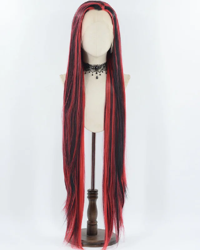 Long - length wig in a jet - black color for a classic appearance40Inch Long Red Black Straight Synthetic Lace Front Wig WW746