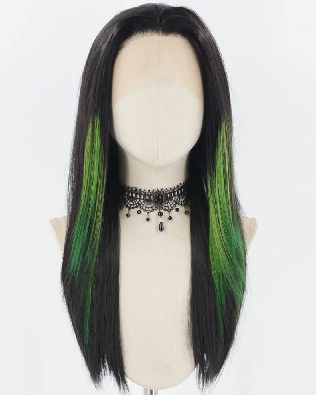 Long - length wig with a natural - looking root for a more realistic lookBlack Strunk Stripe Green Synthetic Lace Front Wig WW730