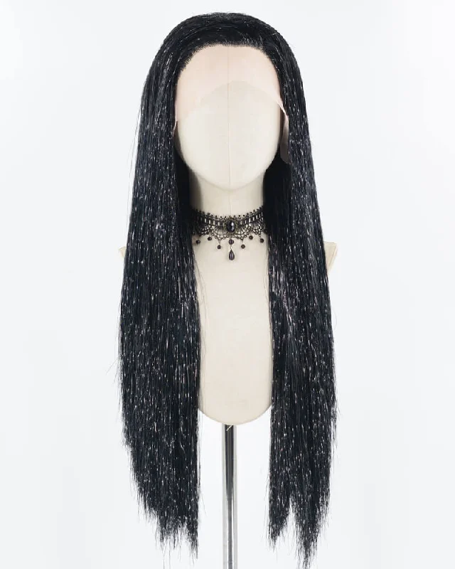 Long - length wig with a curly fringe for a playful and youthful vibeBlack Tinsel Straight Lace Front Wig WW713