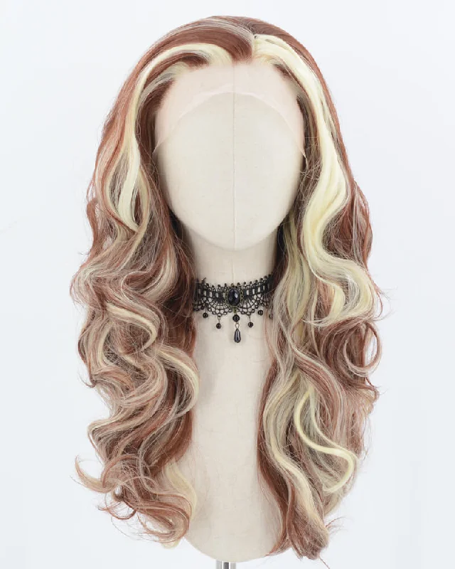 Long - length wig with a platinum - blonde color for a bold and trendy lookBlonde Strunk Stripe Brown Long Wavy Synthetic Lace Front Wig WW718