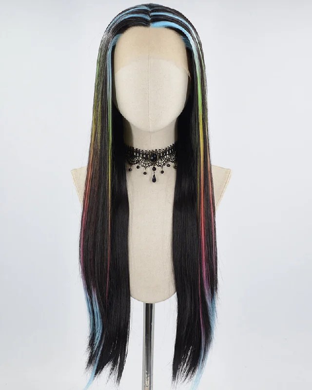 Long - length wig in a jet - black color for a classic appearanceBlue Ombre Highlights Black Synthetic Lace Front Wig WT257