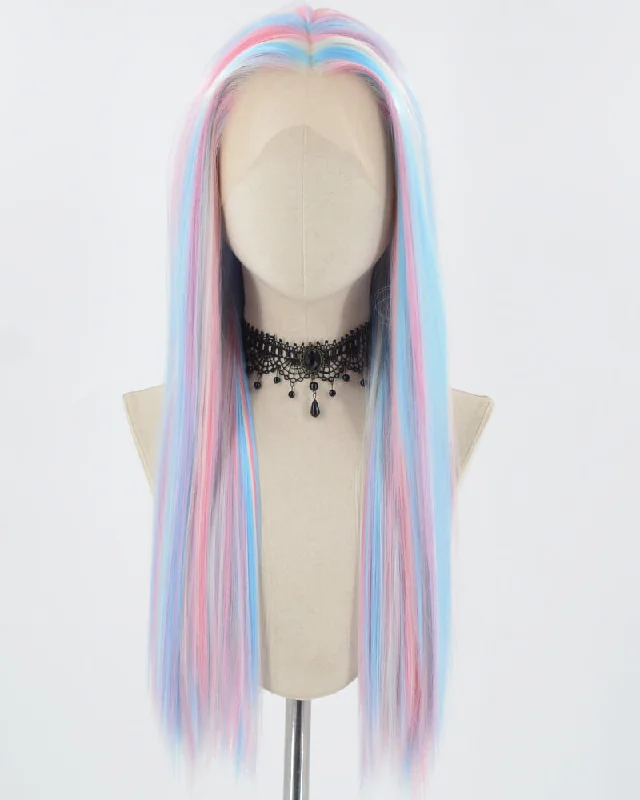 Adjustable - cap long - length wig for a comfortable fitBlue Pink Long Straight Synthetic Lace Front Wig WW779