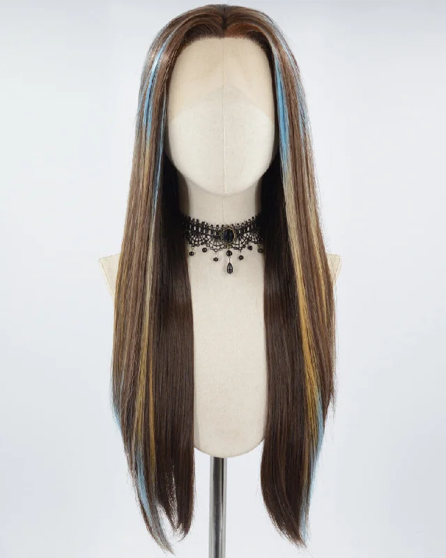 Long - length wig with a 220 - density for an extra - full appearanceBrown Strunk Stripe Blue Ombre Synthetic Lace Front Wig WT245