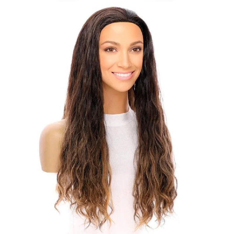 Long - length wig with a side - part for a more flattering look24" 3/4 Bandfall Wig Dark Brown Balayage Wavy