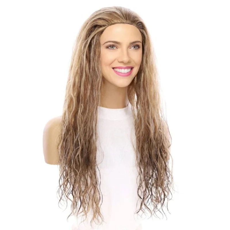 Long - length wig with a honey - blonde color for a warm and sunny appearance24" 3/4 Bandfall Wig Medium Blonde Wavy