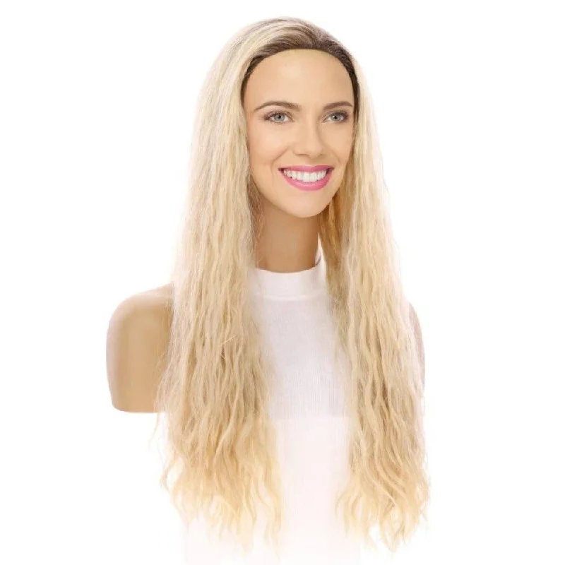 Long - length wig with a silk - base cap for a comfortable and smooth feel24" 3/4 Bandfall Wig Platinum Blonde Wavy