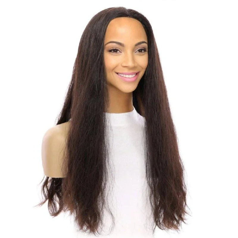 Long - length wig with a pre - plucked hairline for a more natural look24" 3/4 Bandfall Wig Soft Black Wavy