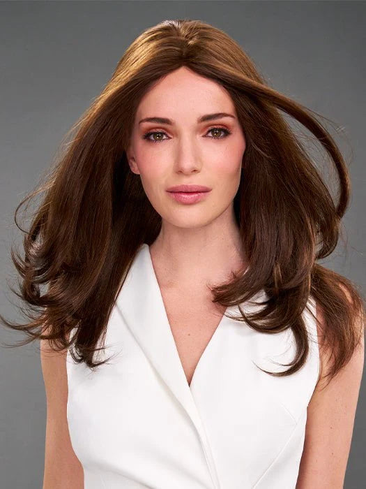 Long - length wig with a curly fringe for a playful and youthful vibeLayla | Human Hair Extended Lace Front,  Double Monofilament, Partially Hand-Tied Wig by Jon Renau