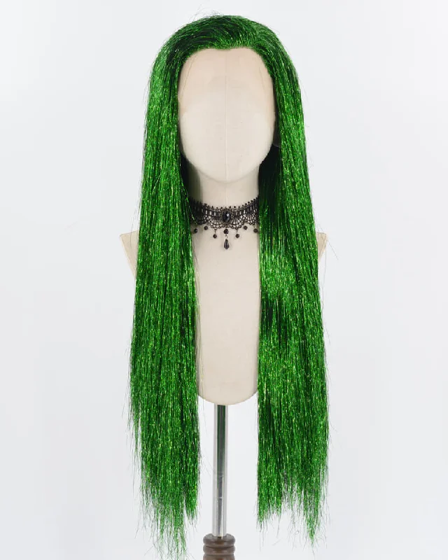 Long - length wig with a side - part for a more flattering lookGreen Tinsel Straight Lace Front Wig WW715