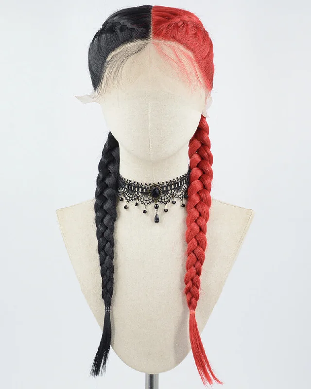 Long - length wig with a silk - base cap for a comfortable and smooth feelHalf Black Half Red Braid Synthetic Lace Front Wig WW681