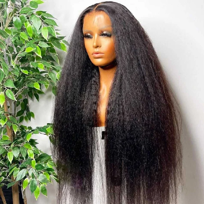 Long - length wig with a natural - looking root for a more realistic lookHD Transparent Lace Wig Long Length Kinky Straight Human Hair Wigs