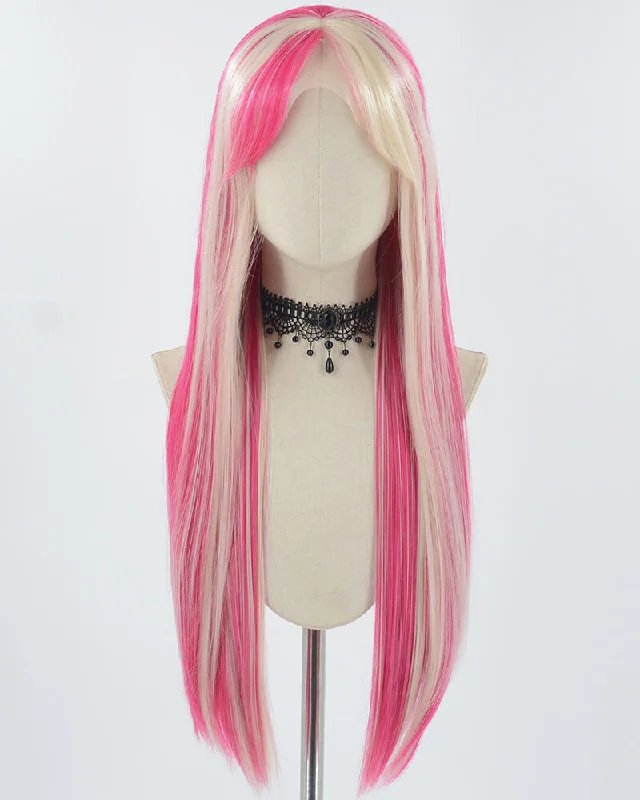 Long - length wig with a pre - bleached knot for a natural - looking scalpHot Pink Blonde Synthetic Lace Front Wig WW777