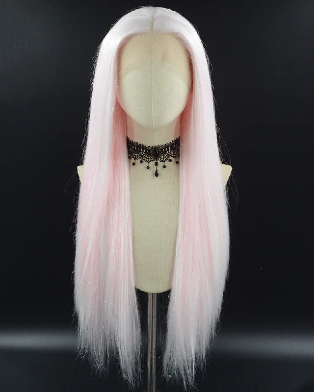 Synthetic long - length wig with a natural - looking textureLight Pink Tinsel Synthetic Lace Front Wig WW682