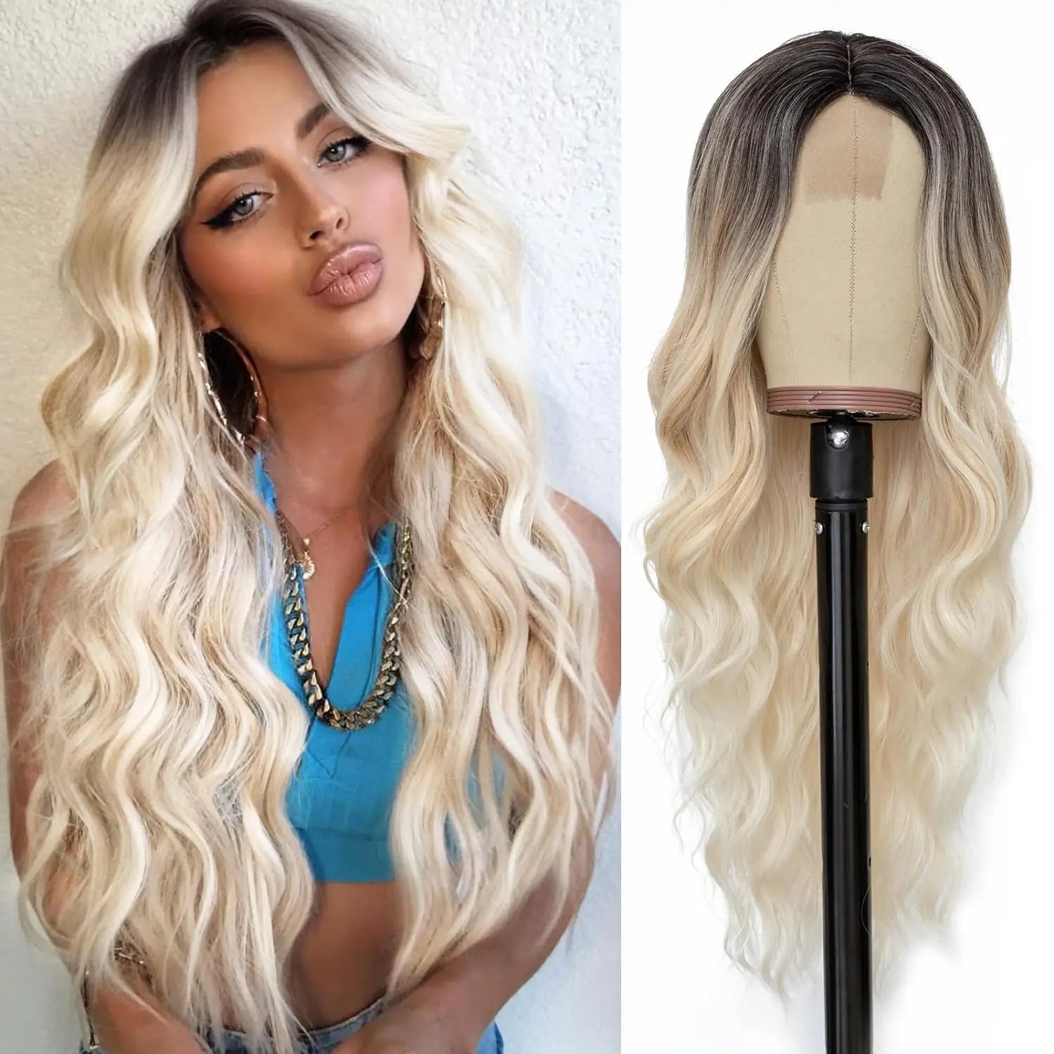 Long - length wig with a curly texture for a bold and stylish choiceLong Platinum Blonde Wavy Synthetic Wig