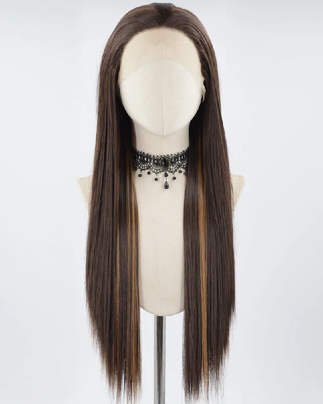 Long - length wig with a pre - bleached knot for a natural - looking scalpLong Straight Brown Synthetic Lace Front Wig WT250