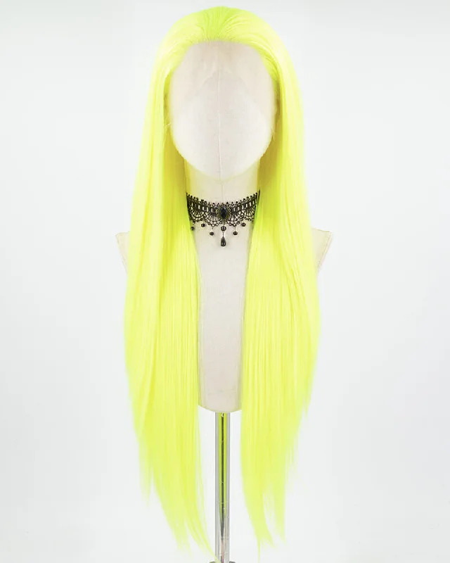 Long - length wig with a side - part for a more flattering lookNeon Green Long Straight Synthetic Lace Front Wig WW704