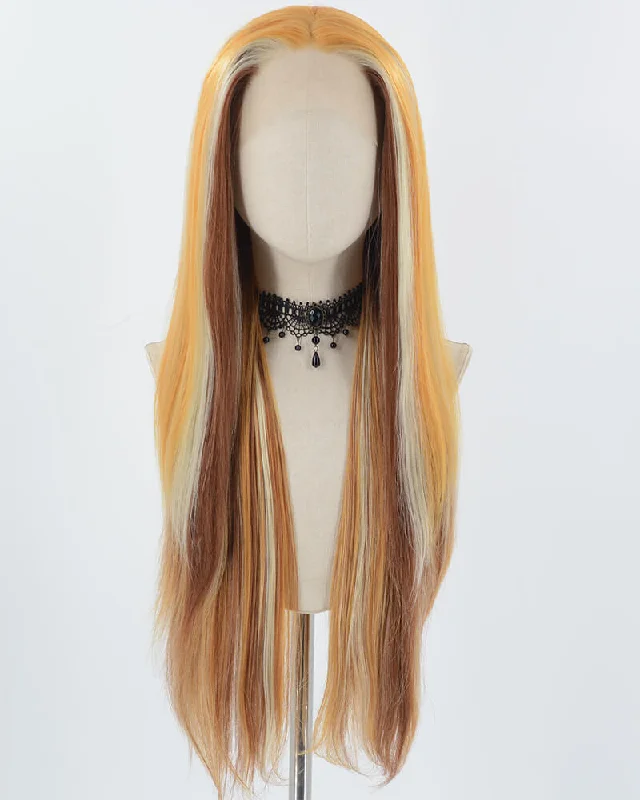 Long - length wig with a heat - resistant formula for easy styling at homeOrange Brown Blonde LongStraight Synthetic Lace Front Wig WW759